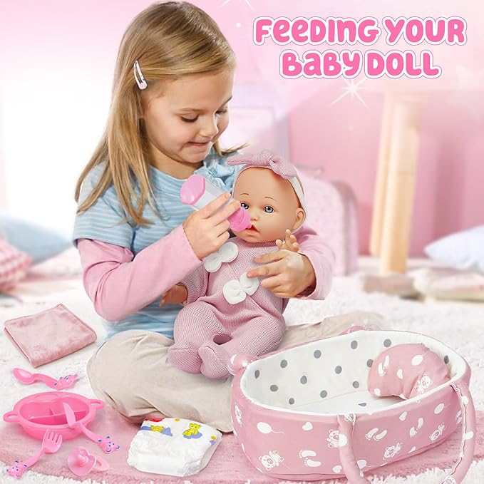 Golray 12" Soft Baby Doll Set with Accessories Bassinet Carrier, 13 Pcs First Toddlers Realistic Baby Doll Crib with Pillow/ Clothes/ Feeding Kit, Pretend Play Toy Birthday Gift for Girls Ages 3 4 5 6