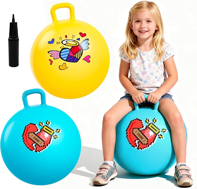 EVERICH TOY 2-Pack Hopper Ball for Kids, 18In Hippity Hop Balls, Yellow & Blue Bouncy Ball with Handle, Indoor Outdoor Active Play Toys Easter Basket Stuffers Girls Boys Gifts for 4 5 6 7 8 Yr Old
