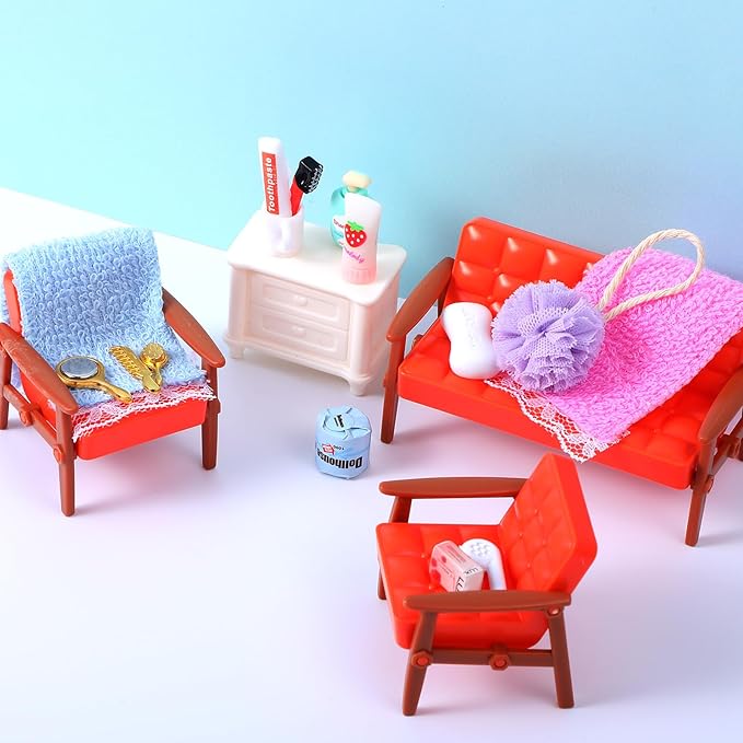 15 Pcs Dollhouse Bathroom Accessories, Mini Bath Accessories for Dollhouse Decoration, Mini Hair Dryer Brush Comb Mirror Towel Soap Toothpaste Toothbrush Makeup Set for House Bedroom Decoration