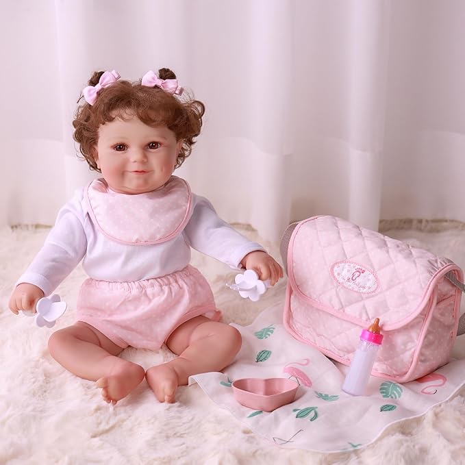 BABESIDE 8 Pcs Baby Doll Diaper Bag Set for 17-22 inch Dolls, Baby Doll Feeding Accessories with Disappearing Milk Toy Bottle and Spoon Fork Bowl for Pretend Play Toys, Pink