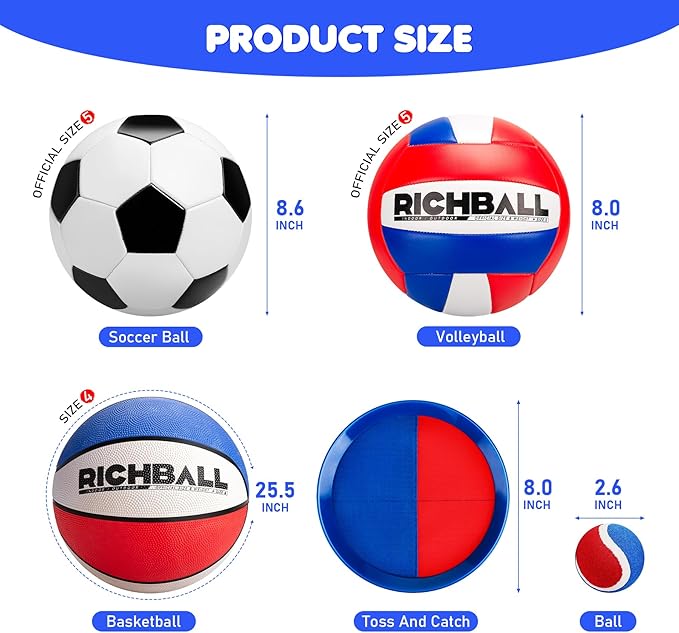 Richball 4-in-1 Outdoor Sports Ball Set for Kids – Soccer, Basketball, Volleyball and Toss & Catch Paddle Ball Game – All-in-One Gift Stocking Stuffers for Kids Boys & Girls Ages 3+