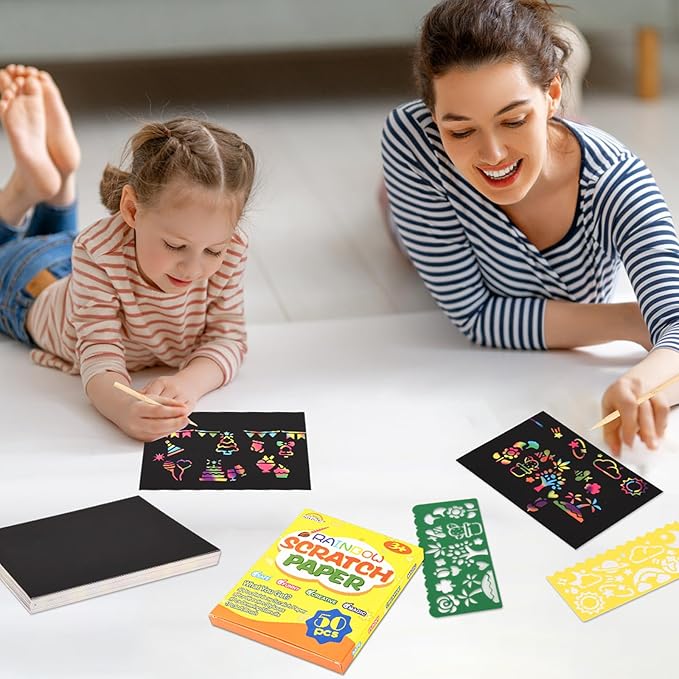 50 PCS Rainbow Scratch Paper Scratch Art for Kids Rainbow Scratch Notebook with Stencils Stylus for Girls Boys Students Party School Birthday Travel Favors Supplies