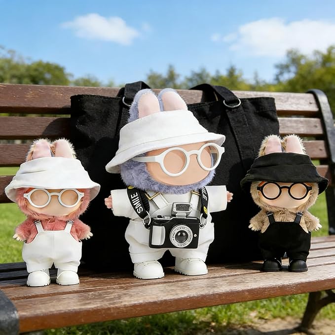 Clothes for LABUBU 17cm Doll (NO Doll) – 6-Piece Set, Hat + Overalls + Shirt + Camera + Glasses + Shoes, Outfit for LABUBU, Premium Dolls Accessories for LABUBU (White)