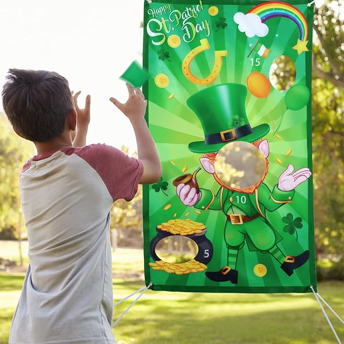 Skylety St. Patrick's Day Bean Bag Toss Game Party Favor Hanging Leprechaun Shamrock Toss Game Banner Photo Prop with 3 Bean Bags for St. Patrick's Day Party Supplies