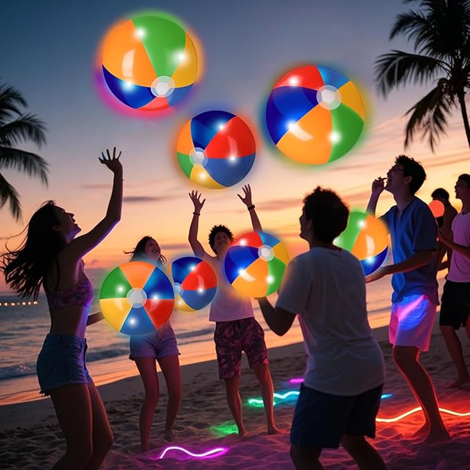 12 Pcs Light up Beach Balls 16'' Jumbo Pool LED Balls Glow in The Dark Neon Giant Inflatable for Summer Hawaiian Tropical Theme Beach Party Decor Water Accessory (Rainbow)