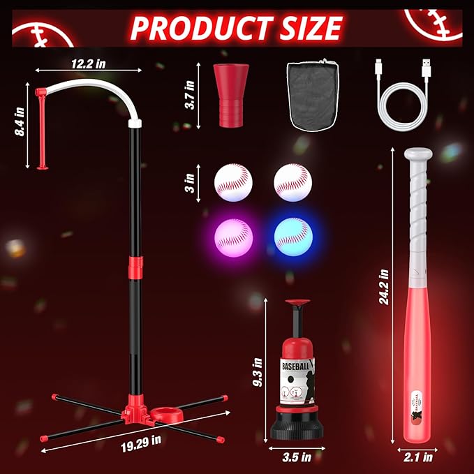 3-in-1 LED T Ball Set for Kids, Adjustable Height, Hanging Tee Ball Set with Baseball Launcher/4 Softballs/Light Up Bat, TBall Stand Sport Toys, Baseball Gifts for Boys Girls Age 3-5