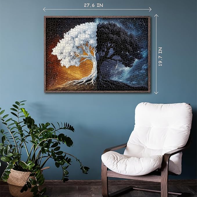 PICKFORU Tree of Life Puzzles for Adults 1000 Pieces, Fantasy Plant Black and White Puzzle, Nature Starry Night Galaxy Yingyang Jigsaw Puzzle Challenge