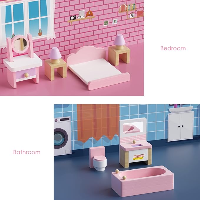 WOODMAM Wooden Dollhouse Furniture Set, 22 PCS Doll House Accessories Including 5 Room Kits, Little People House Furniture Toy Gift for Girls Boys Age 3+, Miniature Dollhouse Furnishing