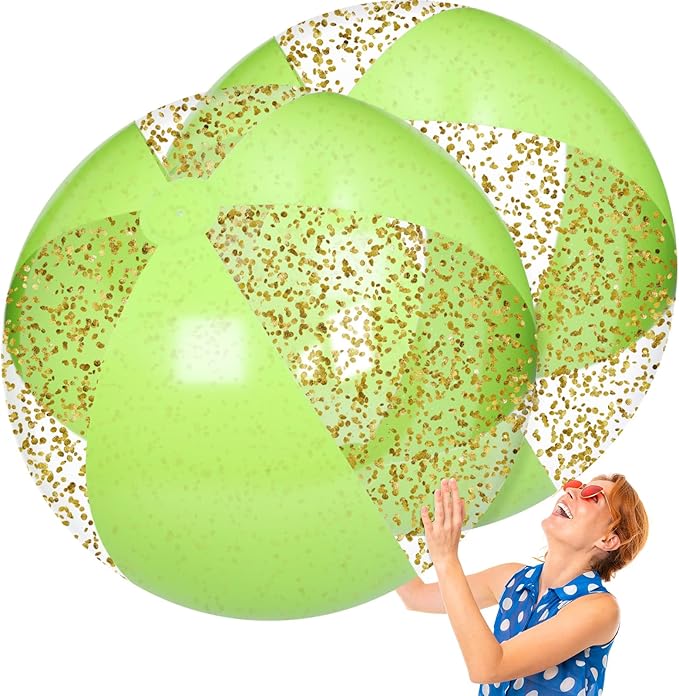 Realspring 2 Pcs 48'' Giant Beach Balls for Swimming Pool 4 Ft Jumbo Glitter Confetti Inflatable PVC Pool Balls Large Summer Blow up Beach Toys for Adults Summer Outdoor Party Favor(Green)