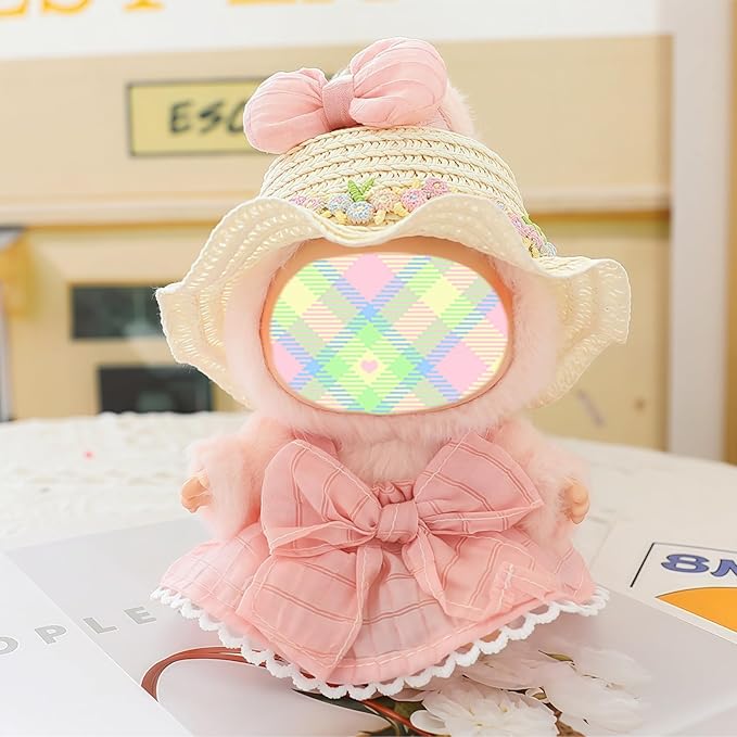 Clothes for Lu bubu 17cm Dolls Accessories (No Doll), Kawaii Hat Skirt Outfit Set 3 Pieces for 17cm Dolls Suit, Stylish Flower Doll Hat Clothing Set Replacement Pink