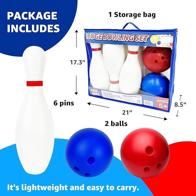 17 Inch Huge Bowling Set with Storage Bag – 6 Giant Pins, Outdoor & Indoor Backyard Game for Kids, Family Party, Birthday Gift Ages 5+ – Amazon Exclusive