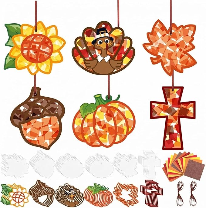 Feifeiya 24 Sets Thanksgiving Crafts Kit DIY Fall Paper Crafts with Colored Tissue Paper Sticker Tool Turkey Pumpkin Leaf Acorn Suncatcher Hanging Ornaments for Classroom Activity Harvest Party Window