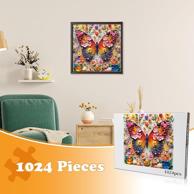 1024 Piece Butterfly Flowers Jigsaw Puzzle for Adults, Colorful Flowers Puzzles for Adults 1000 Pieces, Challenging Puzzle for Friends Family Activity Game Nights, Finished Size 19.7" x 19.7"