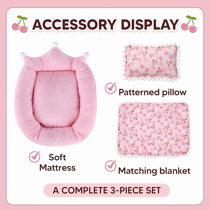 Labubu Bed, Pink Strawberry Miniature Pillow Blanket Set, Doll 10-17cm Furniture, Compatible Boo-Boo Accessory, Collectors Display Decor, Shelf Photography Props Hobby Gift