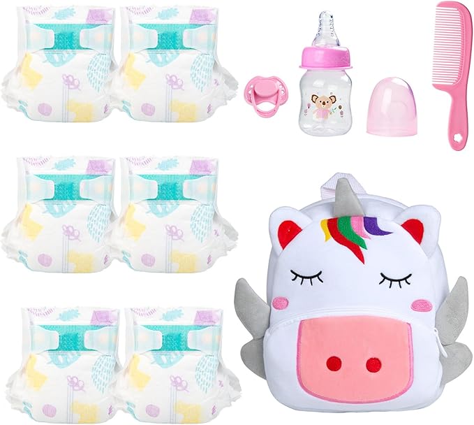 10 Pcs Reborn Baby Doll Diaper Bag Feeding and Caring Set for 17-24 Inch Reborn Dolls Accessories Newborn Baby Gift with Unicorn Backpack Pacifier Bottle Comb