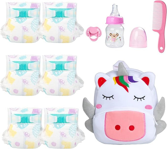 10 Pcs Reborn Baby Doll Diaper Bag Feeding and Caring Set for 17-24 Inch Reborn Dolls Accessories Newborn Baby Gift with Unicorn Backpack Pacifier Bottle Comb