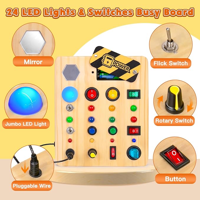 TINTECUSA LED Busy Board, Wooden Sensory Toys for Toddler, Montessori Music Toy for Airplane, Travel Activity Educational Learning Toy, Busy Light Switch Autism Toys, Birthday Boys Girls Gifts
