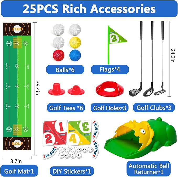 Upgraded Kids Golf Set Kids Golf Clubs With Dinosaur Automatic Golf Returner Toddler Golf Set with Glow Balls, 3-8 Toddler Mini Golf Games, Gator Golf, Indoor Outdoor Sports Toys for Boys, Girls