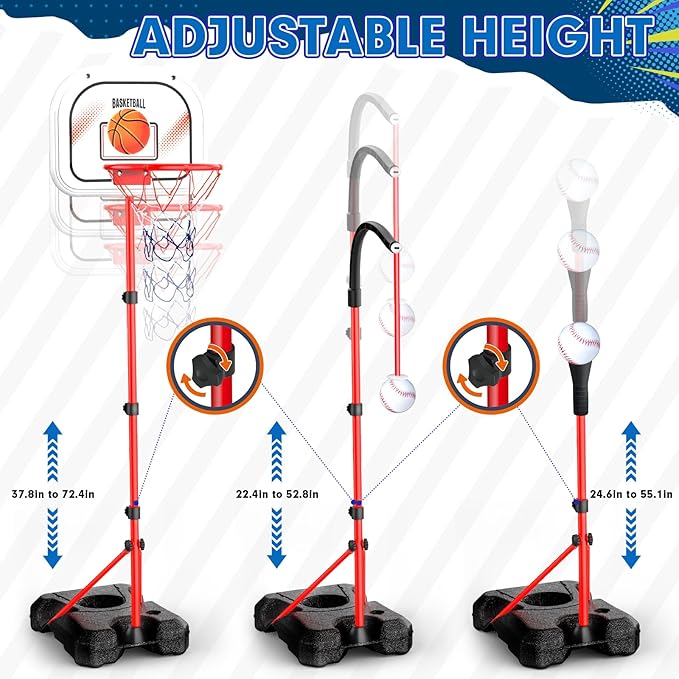 3-In-1 Kids Basketball Hoop and T Ball Set for Age 3-5 6-8, Adjustable Toddler Basketball Hoop, Hanging Tee Ball for Outdoor, Birthday Christmas Sport Toys Gift for Boys Girls 3 4 5 6 7 8 Year Olds