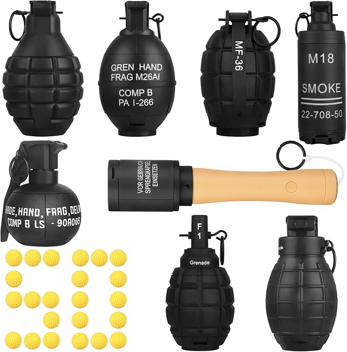 Tactical Toy-Grenade for CS Battle Game,8Pcs Fall Resistant Refillable Fun Impact,Hand Fake Grenade Toy with 100 Foam Ammo for 14+ Outdoor Sport