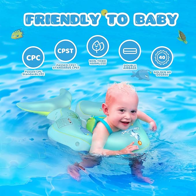 No Flip Over Baby Pool Float with Canopy UPF50+ Sun Protection, Inflatable Baby Float with Sponge Safety Support Bottom, Fun Gifts Water Toys Accessories Baby Swim Floats for Pool 3-36 Months