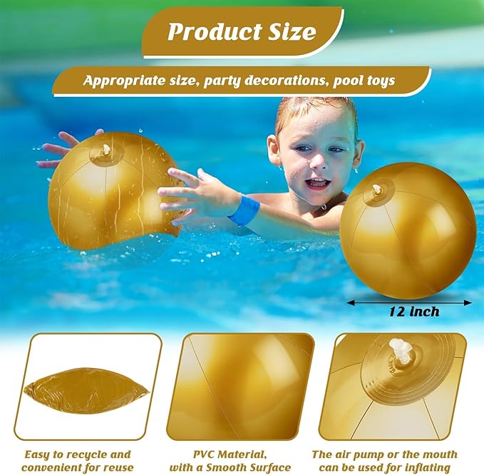 10 Pack Gold Beach Ball - 12Inch Blow Up Beach Ball Party Supplies for Kids, Inflatable Floating Balls for Summer Pool Parties, Outdoor Activities & Birthday Decorations (Gold)