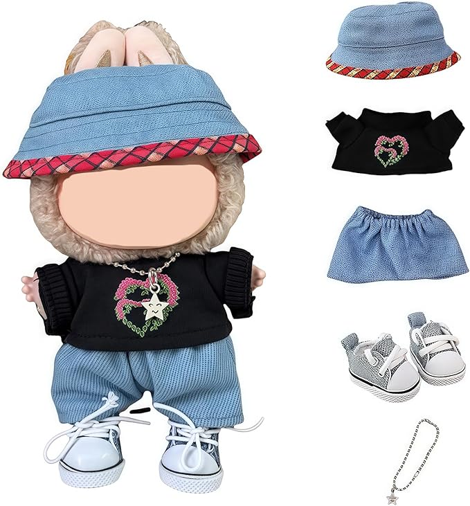5 Set 17cm Doll Clothes, Clothes for Dolls Outfit, Accessories for 17cm Dolls Clothes Sweater + Hat + Jeans + Necklace + Shoes,, No Doll Included (Cowboy Set)