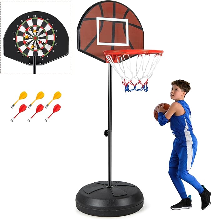 GYMAX Kids Basketball Hoop with Dart Board, 3.2-4.8 FT Adjustable Indoor & Outdoor Toddler Basketball Hoop with Fillable Base & 6 Darts, Toy Basketball Goals for 3 4 5 6 7 8 Years Boys Girls Gift