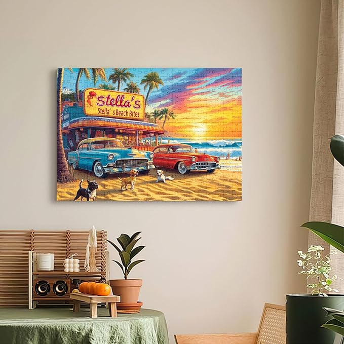 500 Piece Beach Vintage Truck Jigsaw Puzzle for Adults, Summer Sunset Surf Puzzle, Dog Puzzles for Adults 500 Pieces, Home Decor Birthday Party Gift for Men Women Elders, 20.5 x 15 in