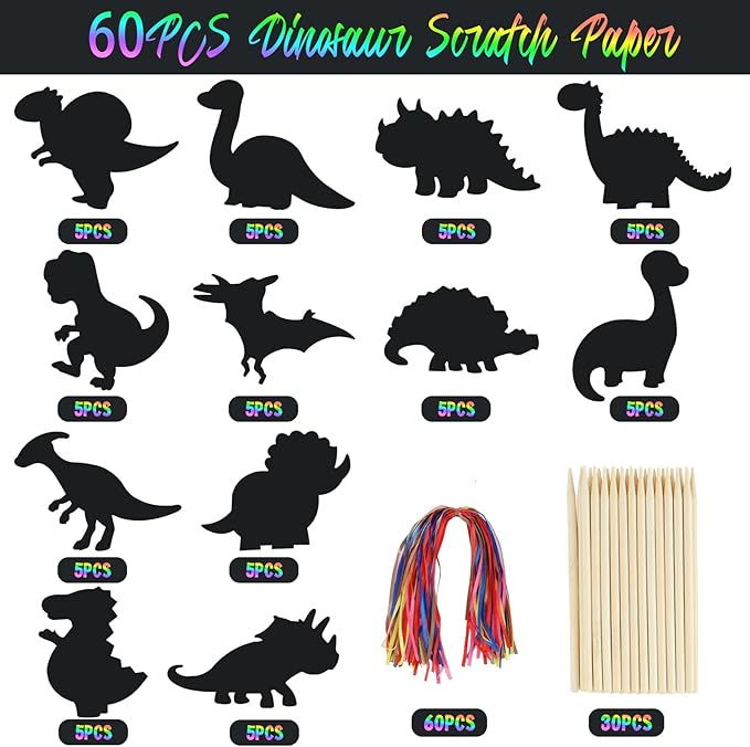 60PCS 12Style Magic Color Scratch DIY Dinosaur Paper Scratch Craft Kits Rainbow Scratch Paper Art Sets with Scratching Tools Ribbon for Party Favors Activities
