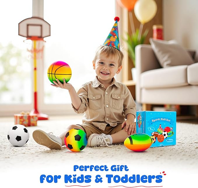 EVERICH TOY Balls for Toddlers 1-3, 7 Pcs 5" Playground Balls for Kids, Soft Rubber Small Sports Ball Set with Football, Basketball, Soccer, Indoor Outdoor Toddler Toys Games Gifts for Boys Girls