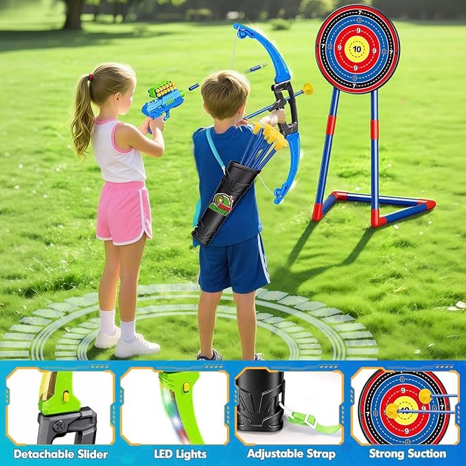 2 Pack Bow and Arrow Toy for 5 6 7 8 9 10+ Year Old Boys, Ideal Gift for Kids, Indoor Outdoor Shooting Game Toy for Ages 4-8 8-12, LED Light Up Archery Set with 12 Suction Cup Arrows