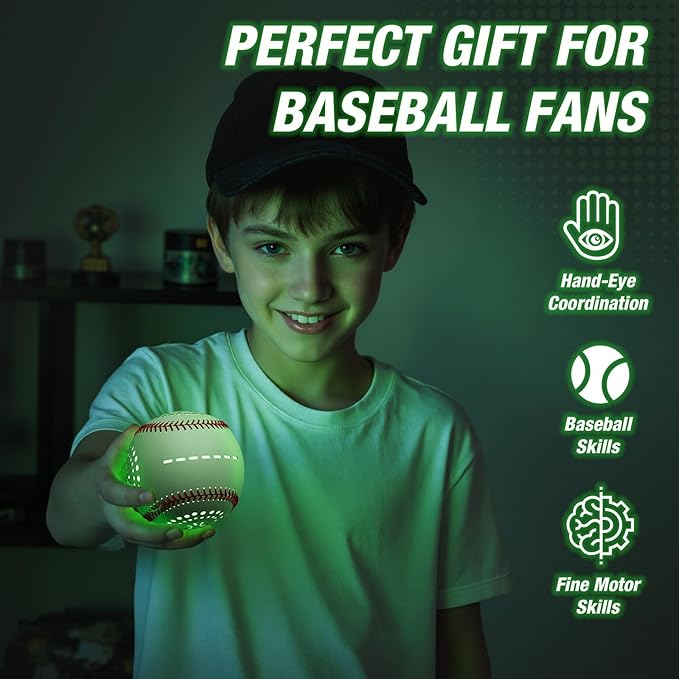 Kids Baseball Glove with Light Up Baseball/LED Rechargeable, 9 Lighting Modes Official Size Leather Weighted Glow Baseballs for Day Night, Sport Toys Games for Youth Boys