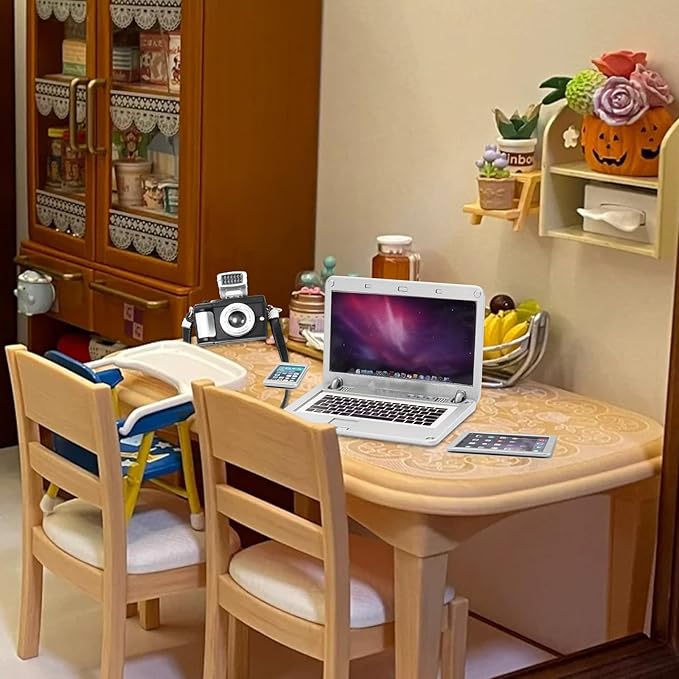 4 Pcs Miniature Laptop Computer Tablet Phone Camera Simulation Accessories Mini Laptop Computer Phone Camera Ornaments for 1/4 1/6 1/12 Scale Mini House Accessories