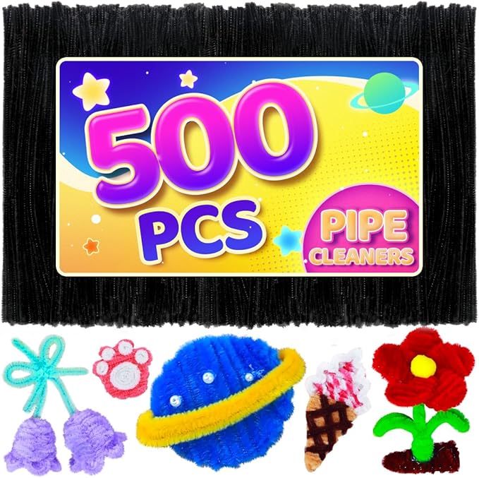 Eppingwin 500pcs Pipe Cleaners, Black Pipe Cleaners Craft Supplies, Chenille Stems for DIY Arts Crafts Project (Black)