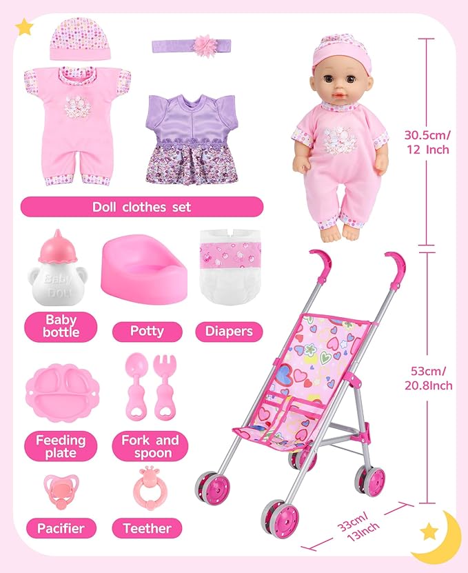 GAGAKU Baby Doll Stroller Playset with 12-inch Doll & Accessories, Foldable Lightweight Toy Stroller for Toddler Girls Kids Ages 1-6, 12" Baby Doll and Accessories Included