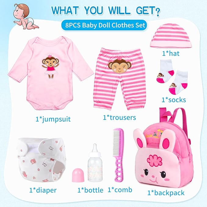 PEDOLLTREE Reborn Baby Doll Clothes Outfit Accessories Pink 8 Pcs Set with Rabbit Backpack&Diaper for 17-22 Inch Reborn Doll Newborn Baby Girl