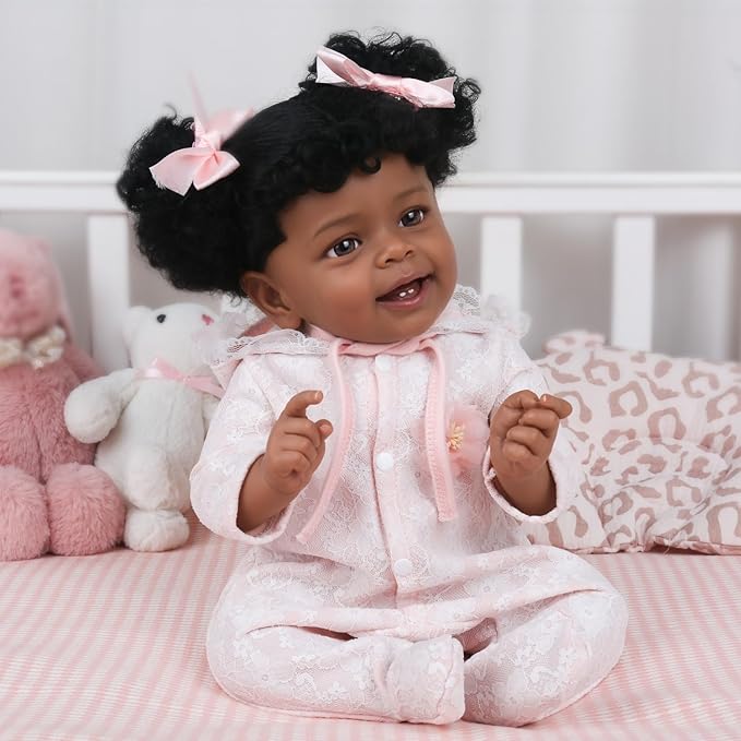 KSBD Realistic Reborn Baby Doll Black Girl - 18 Inch African American Newborn Toddler Real Life Lifelike Handmade Baby with Hair, Soft Weighted Body, Accessories, Cuddly, Gift Box for Kids Age 3+
