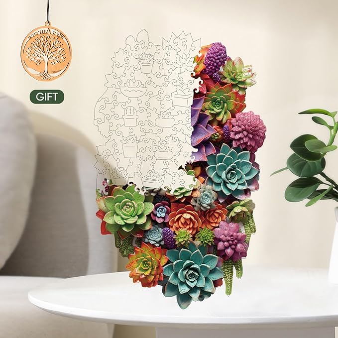 Delobil Succulent Waterfall Wooden Puzzles, 300 Pieces Jigsaw Puzzles, Unique Design Wooden Puzzles for Adults and Kids, Family Game Gift 10.2 x 15.7 Inch