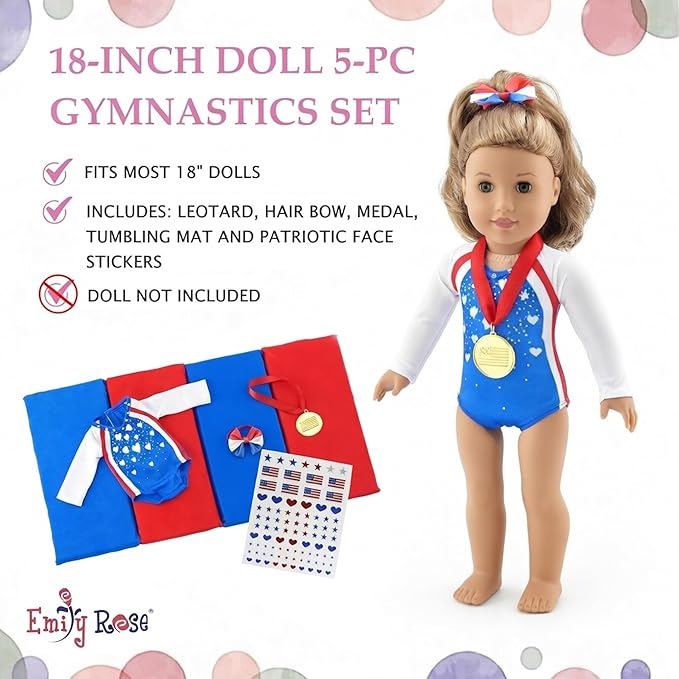 Emily Rose 18" Doll Gymnastics Outfit 5-Piece Set - Bejeweled Athletic Gymnast Leotard, Medal, Hair Bow, Mat, & Reuseable Stickers | American Girl Compatible | Trusted USA Brand | NO Doll