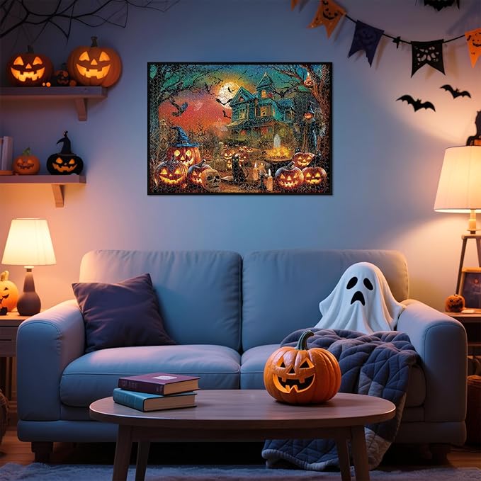 Rocorose Jigsaw Puzzle for Adults 1000 Pieces, Halloween Nightmare Puzzle Scary Ghost Jack - o - Lanterns Jigsaw Puzzles Haunted Mansion and Pumpkins