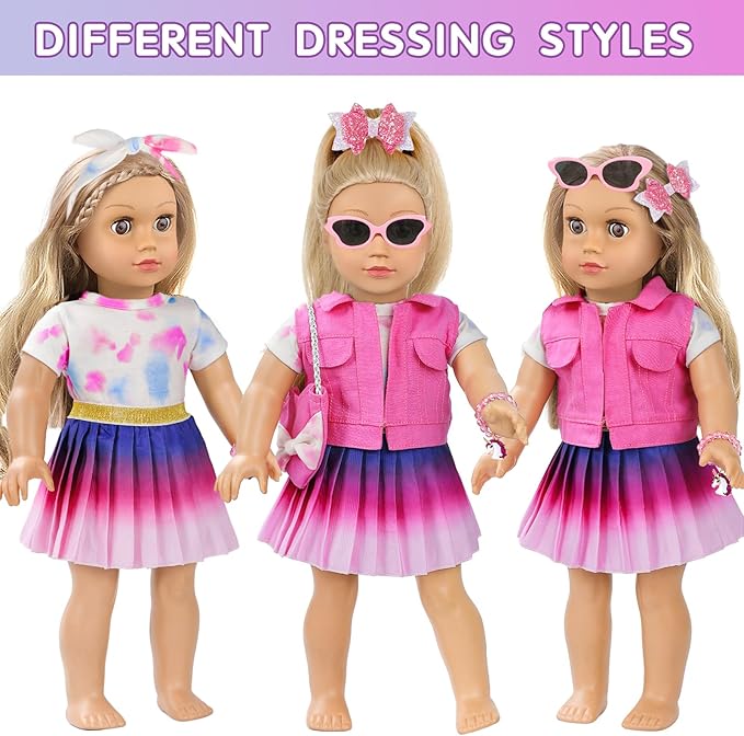18 Inch Girl Doll Makeup Accessories Set and Clothes, Fit 18 inch Dolls, Suitcase Clothes Bag Hairband Eyeshadow Mascara Brush Lipstick Bracelet Sunglasses Hair Clips (Dolls and Shoes Not Included)