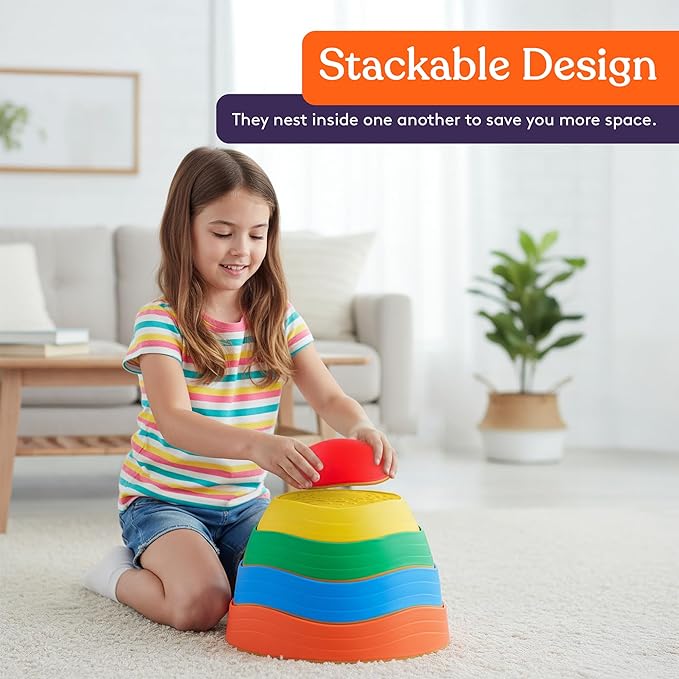 Special Supplies Stepping Stones for Kids, 5 Balance Indoor and Outdoor Blocks Promote Coordination, Balance, Strength, Child Safe Rubber, Non-Slip Edging, Stackable