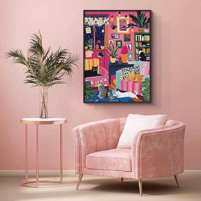 PICKFORU Cat Puzzles for Adults 1000 Pieces, Colorful Kitty Plant Puzzles for Adults, Difficult Art Living Room Jigsaw Puzzle as Home Decor