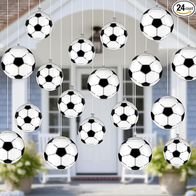 24 Pcs Inflatable Mini Soccer Balls Soccer Party Decorations Small Soccer Balls with Hanging Rope Hooks Summer Swimming Pool Beach Ball Water Games Blow up Sport Toys Beach Birthday Party Decorations