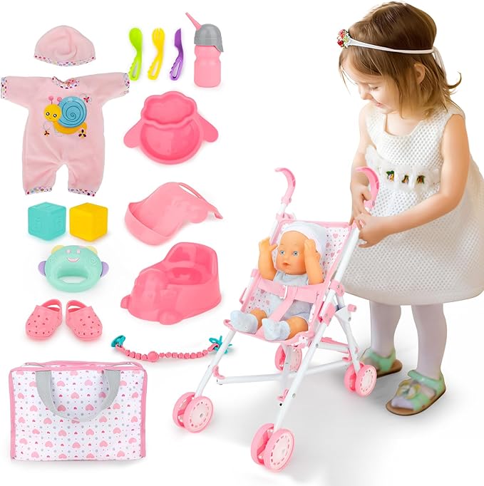 deAO Baby Doll Stroller Set with 13 inch Doll,Kids Play Stroller Toys,13" Baby Doll Set with Foldable Doll Stroller,18 PCS Baby Doll Accessories with 2 Sets Doll Clothes
