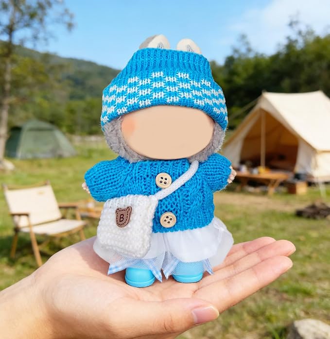 17cm Doll Clothes for Lububu,Outfits Set with Hand-Crocheted Blue Sweater, Hat, Skirt, Shoes and Bag, Designer Clothing and Accessories for Macarons Series Dolls Dress-Up(Blue Sweater Skirt)