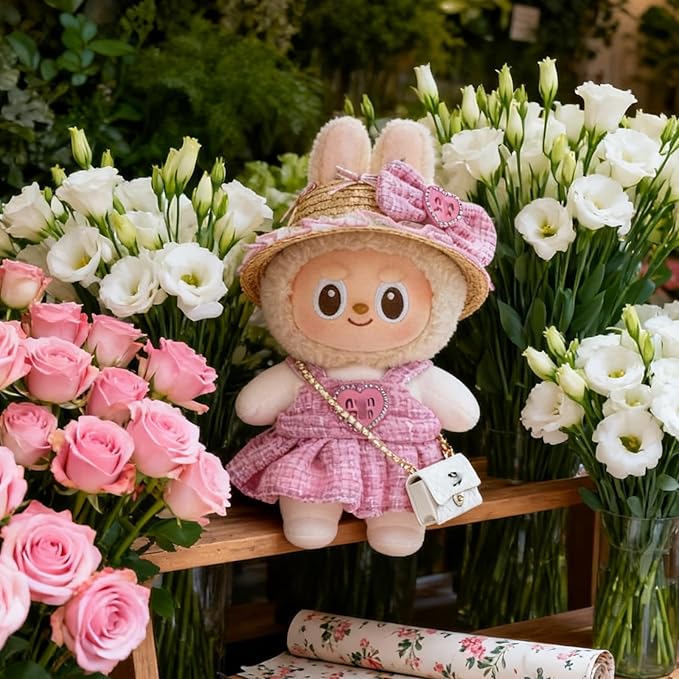 Doll Clothing Set (No Doll), Cute Cropped Straw Hat, Crossbody Bag, Dress, Suitable for 15-17cm Dolls, Outfit Accessory Set for Unique Styling (Pink-MIU)