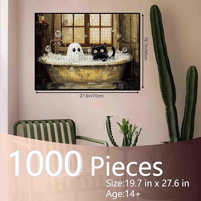 1000 Pieces Halloween Jigsaw Puzzles for Adults,Cute Little Devil Black Cat Bathroom Puzzles, Unique Home Decor Gifts for Friends and Family Wall Decor 19.7 x 27.6 Inch