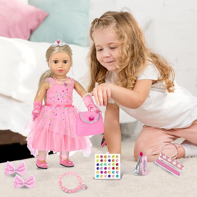 American 18 inch Girl Doll Clothes and Accessories - Princess Dress, Crown, Necklace, Lipstick, Makeup Palette, Nail Kit, Satchel, Gloves, Shoes, Sticky Rhinestones,Hair (No Doll)